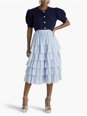 Hill House Light Blue Tiered Midi Skirt with Ruffled Layers